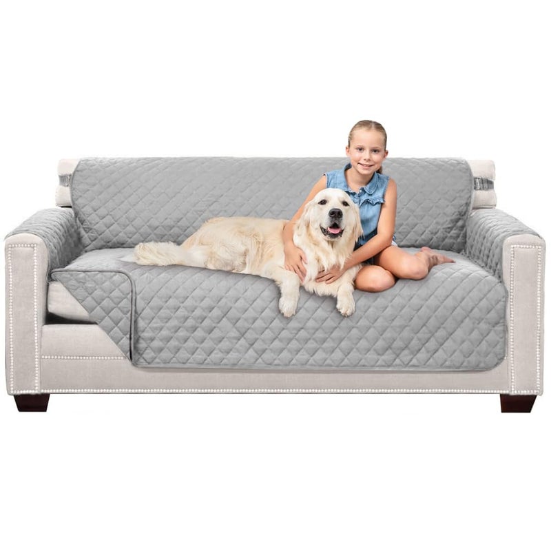 Sofa Shield Couch Slip Cover with Patented Strap, Cushion Protector, US Designed Reversible Stain and Dog Tear Resistant Slipcover, 70 inch Seat, Washable Covers for Dogs Pets, Light Gray - Image 1